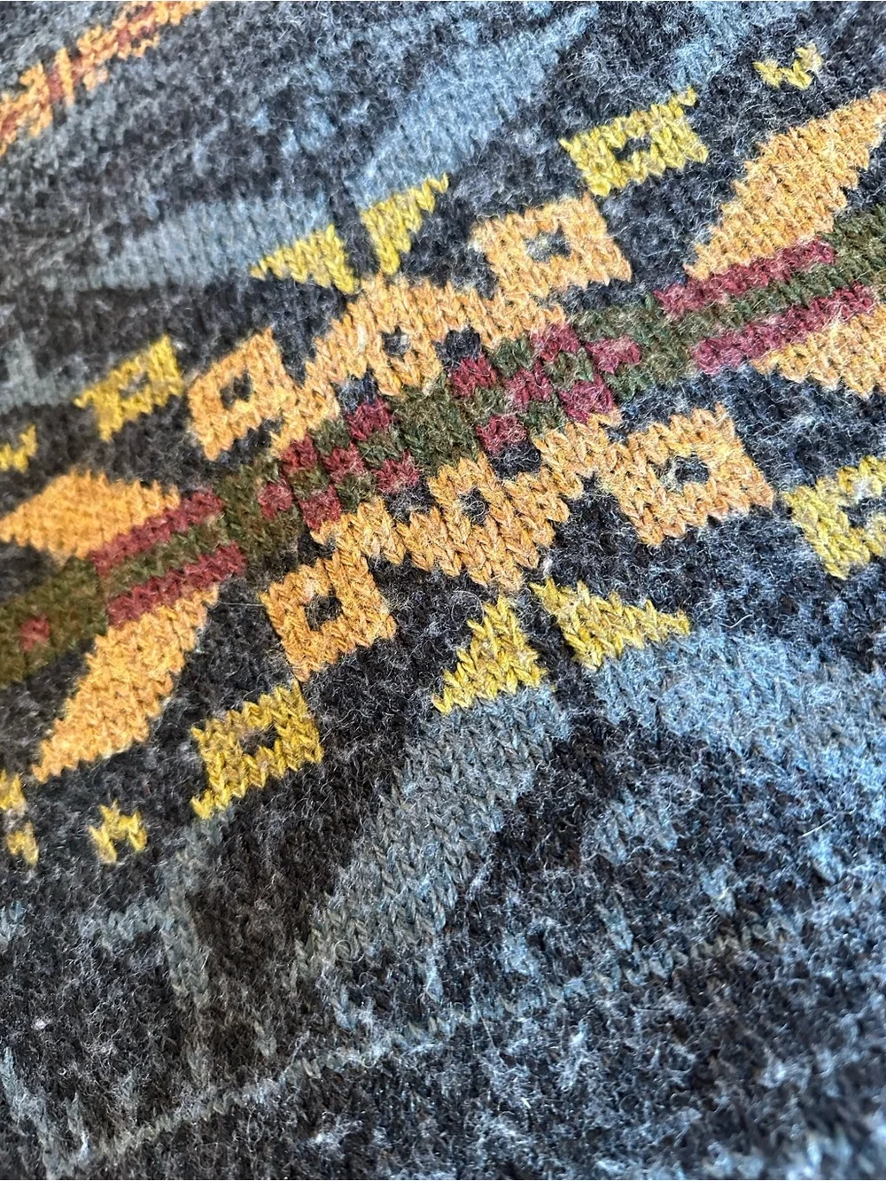 Royal Robbins Navy Cardigan with Tan and Rust Fair Isle Detail